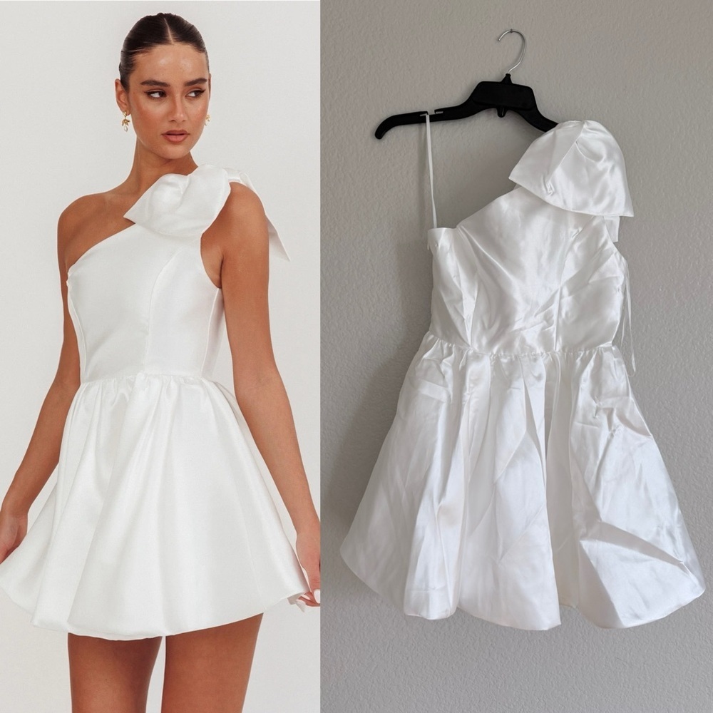 Angel BIBA Athens Shoulder Bow Bubble Hem Mini Dress Off White